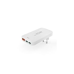 Hama Chargeur Rapide USB-C 65W GaN 3 Ports, sur Secteur, 2X USB-C 65W, 1x USB-A 18W, Mini-Chargeur PD Ultra Plat, Compact et Pliable, Qualcomm Quick Charge, pour PC, Smartphone, Tablette, Blanc