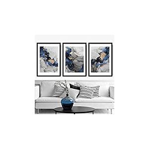 Artze Wall Art Tableau abstrait 3 pièces - 40 x 50 cm - Bleu marine/gris/doré