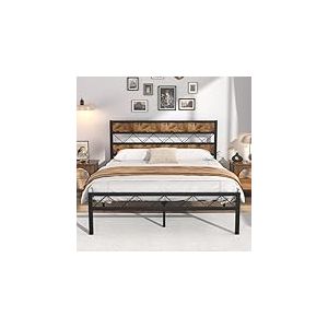 VECELO Cadre de Lit 140 x 190cm avec Tête en Bois, Sommier Plateforme en Métal, avec Support à Lattes Solides et Espace de Rangement, Assemblage Facile, Marron Rustique