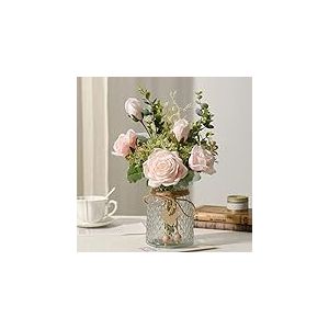 YJ Fleurs artificielles avec Vase, Bouquet de Roses artificielles en Soie, décoration de Table de Ferme, de Table de Salon, de Table Basse (Rose)