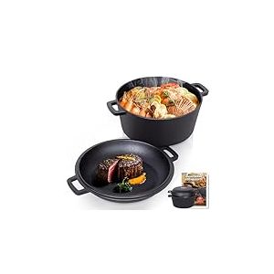 Todeco 2 en 1 Marmite en Fonte avec couvercle de po&ecirc;le, 5L Dual Function Casserole en fonte avec recette pour cuisine, Pr&eacute;-assaisonn&eacute;, pour cuisine, camping, barbecue, r&ocirc;tir ou braiser