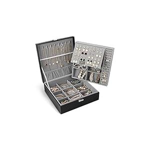 Boîte à bijoux pour homme et femme en cuir synthétique, 2 couches, grande boîte de rangement avec serrure, pour colliers, bracelets, boucles d'oreilles, bagues, boîte de rangement pour bijoux, cadeau