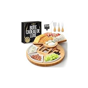 NutriChef Set Service Plateau Fromage – Inclut Couteau, Bols Céramique, Marqueurs Craie et Ardoise, Résistant aux Taches & Facile à Nettoyer, Plateau Présentation Rond