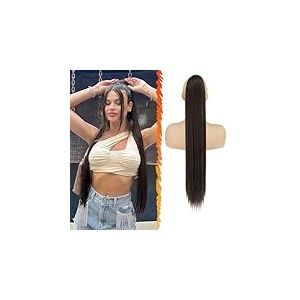 BARSDAR Brun Queue de Cheval Extension - 76cm Longue Raides Queue de Cheval Extension de Cheveux avec Cordon Synth&eacute;tique Clip en Queue de Cheval Postiche Faux Queue de Cheval pour Femmes - Brun Fonc&eacute;
