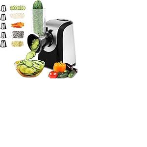 Coupe-Légumes Électrique 5-en-1, Râpe Multifonction 150W avec Tambours en Acier Inoxydable, Râpe de Cuisine Électrique pour Carottes, Pommes de Terre, Fromage, Fruits et Salade