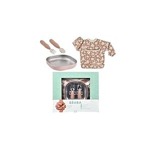 B&Eacute;ABA Coffret Repas B&eacute;b&eacute; &ndash; Cadeau Naissance Complet D&egrave;s 4 Mois &ndash; Assiette Inox Micro-Ondes, Pr&eacute;-Couverts Ergonomiques, Bavoir &agrave; Manches, Bo&icirc;te Souvenir &ndash; Mat&eacute;riaux Sains et Durables, Savannah Bloom