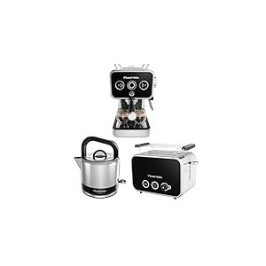 Russell Hobbs Set Petit-déjeuner Cafetière (Machine à Expresso avec pression de 15 Bars) + Bouilloire (1,5 L et ébullition Rapide) + Grille pain (Pour 2 tranches) Distinctions Noir [Design Vintage]