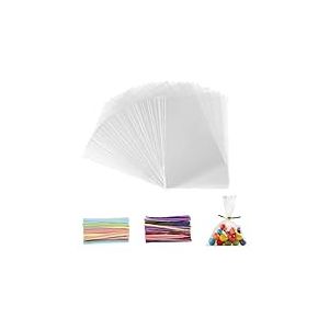 200 Pi&egrave;ces Sachet Bonbon, 25x15 cm Sachet Plastique Transparent Sacs Cellophane avec 200 Rubans M&eacute;talliques Pour Bonbons, Biscuits, Pain, Fruits, Etc. Parfaits Pour Les F&ecirc;tes De Cadeaux