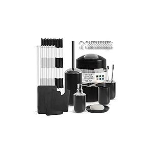 Clara Clark Ensemble d'accessoires de Salle de Bain, Rideau de Douche et Tapis, 23 pièces, Rideau de Douche avec Doublure, Distributeur de Savon, Porte-Savon, Porte-Brosse WC et Poubelle, Noir