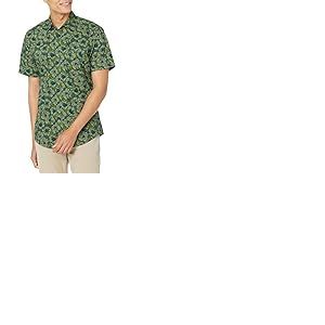 Amazon Essentials Chemise imprim&eacute;e boutonn&eacute;e &agrave; Manches Courtes pour Hommes, Coupe ajust&eacute;e, Motif Fleur d'hibiscus Olive, Taille XS