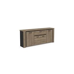 Demeyere Bahut Bas avec Nombreux Rangement en Bois &ndash; Style Industriel &ndash; Coloris Ch&ecirc;ne Halifax & Noir Mat avec Finitions M&eacute;tal Noir - 219 x 91 x 45 cm
