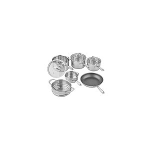 Tala Batterie de cuisine 6 pi&egrave;ces en acier inoxydable avec couvercles en verre 16, 18 et 20 cm Casserole &agrave; lait 14 cm, po&ecirc;le &agrave; frire anti-adh&eacute;sive 24 cm et cuiseur vapeur &agrave; double poign&eacute;e.