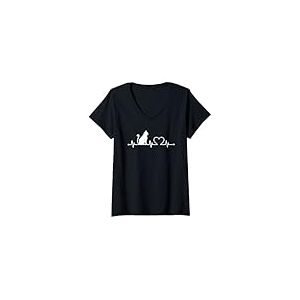 Femme Chat Rythme Cardiaque Chaton Battement Du Coeur Femme Fille T-Shirt avec Col en V
