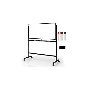 FANTASK Tableau blanc mobile magnétique double face avec support et roulettes effaçable à sec 120 x 60 cm