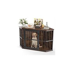 Gimars Meuble d’Angle pour Chien, Cage Décorative en Bois, Table d’Appoint Intérieure pour Chien de Petite et Moyenne Taille, Marron