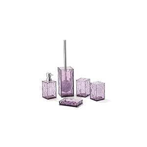 Lot de 5 Accessoires de Salle de Bain en Acrylique Transparent, Anti-Rouille, Comprend Un Distributeur de Savon, Un Porte-Brosse à Dents, Une Tasse, Un Porte-Savon et Une Brosse WC (Violet Lavande)