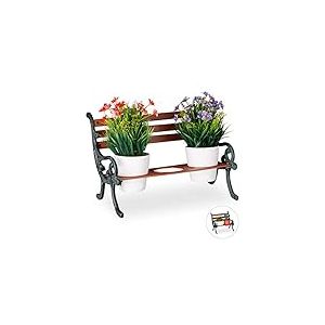 Relaxdays Banc, Fonte et Bois, Support de Plantes pour Pots à Fleurs, différentes Dimensions, Brun/Gris-Vert, Marron, 3 Halter