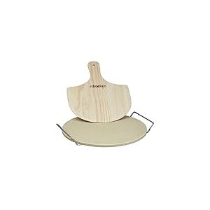 Relaxdays 10020491 Pierre à pizza ronde 1 cm avec support en métal pierre à pain cuisson four pelle à pizza bois spatule HxlxP: 4 x 32 x 32 cm, nature