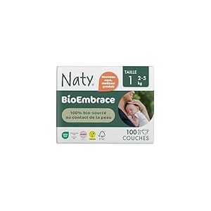 Naty BioEmbrace Couches Nouveau-né Taille 1 (2–5 kg) | 100% bio-sourcé sur la Peau | Douceur à Base de Plantes, Dermatologiquement Testées, Super Absorbantes | 100 Unités