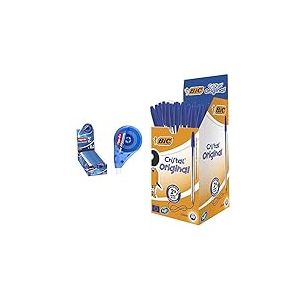 Tipp-Ex Easy Correct Ruban Correcteur - 12 m x 4,2 mm, Boîte de 10 & Cristal Original Ecriture Stylos-Bille Pointe Moyenne (1,0 mm) - Design Fonctionnel - Couleur Bleu, Boîte de 50