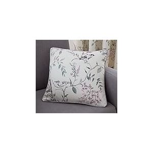Dreams & Drapes - Coussin Naturel Floral et Oiseau (43 x 43 cm) – Garnissage Inclus – 100% Coton – Bord passepoilé – Coussin Violet Lavande avec Housse Incluse/Insert de Coussin – Rideaux Assortis