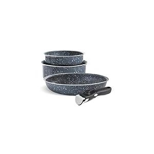 QDESIGN Lot de 2 Casseroles et sauteuse en Aluminium anti-adhésif sans PFOA, poignée amovible - tous feux dont induction - Compatible four, lave-vaiselle et frigo - Gris marbre, Empilables 16/20/24cm