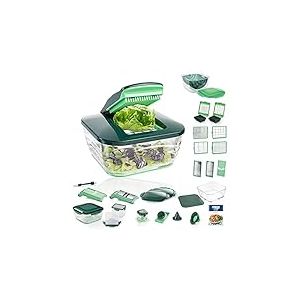 Genius Nicer Dicer Chef Deluxe XXL 37 pièces avec bol en verre, coupe-tomates, légumes et passoire 3 en 1, hachoir à oignons, coupe-frites, vert