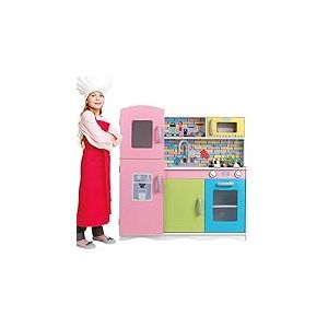 BAKAJI Cuisine en Bois Jouet pour Enfants avec Réfrigérateur Évier en Plastique 4 Cuisinières Four Ouvrir Micro-Ondes Pots Poêles et Accessoires Jeu en Acier Taille 80 x 30 x 85 cm