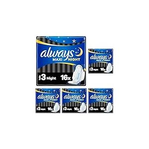 Always Maxi Serviettes Hygi&eacute;niques, Taille 3, Night, 16 Serviettes Avec Ailettes, Flux Tr&egrave;s Abondants Nuit, C&oelig;ur Ultra Absorbant et Barri&egrave;res Anti-Fuites (Lot de 5)