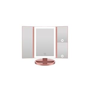 WEILY Miroir Maquillage, Miroir Grossissant Lumineux avec 1X/2X/3X, Miroir LED Maquillage Pliable avec Écran Tactile et Réglable à 180 Degrés, Support USB et Batterie (Or Rose)