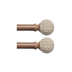 Tringles &agrave; rideaux en bois pour fen&ecirc;tres : Lot de 2 tringles &agrave; rideaux r&eacute;glables de 2,5 cm de diam&egrave;tre, 122 &agrave; 218,4 cm de longueur, tr&egrave;s r&eacute;sistantes, avec embouts en forme de feuilles, imitation grain