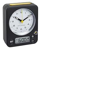 TFA Dostmann Réveil Combo, 60.1511.01.07, Horloge Radio-pilotée analogique avec fuseaux, Heure de réveil-numérique, particulièrement réveille-Matin Silencieux, rétroéclairage, Noir-Jaune