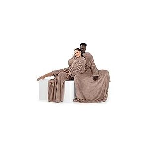 DecoKing 150 x 180 cm Couverture à Manches TV en Microfibre avec Manches et Poches Polaire Douce avec Poche pour Les Pieds Beige Lazy