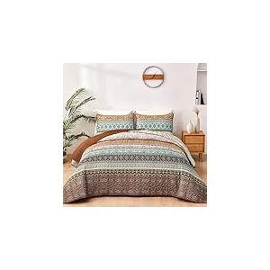 WONGS Bedding Parure de lit d'automne boh&egrave;me pour lit Double, Couvre-lit Ultra Doux et l&eacute;ger pour Toutes Les Saisons r&eacute;versible en Microfibre, Marron, 228,6 x 198,1 cm (3 pi&egrave;ces)
