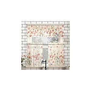 N° 918 Rosalind Lot de 3 cantonnières à Deux Rangs pour Rideaux de Cuisine Motif Floral Rouge Coquelicot 137 x 61 cm