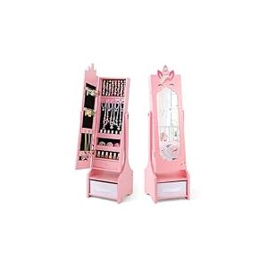 FANTASK Armoire à bijoux 2 en 1 pour enfants - Armoire miroir inclinable avec miroir intégral, tiroir et panier de rangement - Présentoir à bijoux - Miroir de maquillage licorne - 31,5 x 30 x 115 cm
