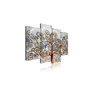 DekoArte 479 - Impression Sur Toile Moderne D'Images Artistiques | Toile Décorative Pour Votre Salon Ou Votre Chambre | Style Art Abstrait Arbre De La Vie Gustav Klimt Argenté | 4 Pièces 120 x 85 cm