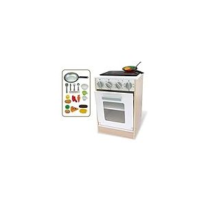 Teorema Giocattoli 40640 - Four de Cuisson en Bois Jouet pour Enfants avec Plaque à Piles Accessoires, Hauteur 40 cm, avec lumières et Effets sonores Marron, Blanc et Gris