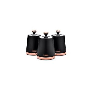 Tower Cavaletto T826131BLK Lot de 3 bo&icirc;tes de Conservation pour th&eacute;/caf&eacute;/Sucre Acier Noir/Or Rose