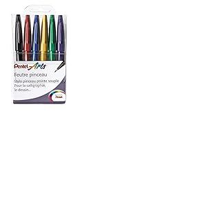 Pentel SES15C Brush Sign Pen Touch Feutres pinceaux à pointe souple 6 couleurs assorties Funny - Noir, rouge, bleu, vert, violet, jaune - Pochette de 6
