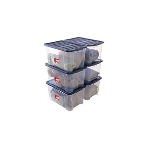 SUNDIS Wave Box, lot de 6 boîtes de rangement avec couvercle et roues, 45l, en plastique transparent, superposables et empilables, idéales pour ranger la chambre, le bureau, le grenier, le garage