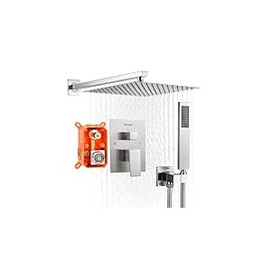 VEVOR Ensemble de Robinetterie de Douche Encastrable, Syst&egrave;me de Douche de Pluie avec Pommeau de T&ecirc;te Carr&eacute; 25,4 cm, Douchette &agrave; Main et Kit de Garniture, Fixation Murale, Salle de Bain, Nickel Bross&eacute;