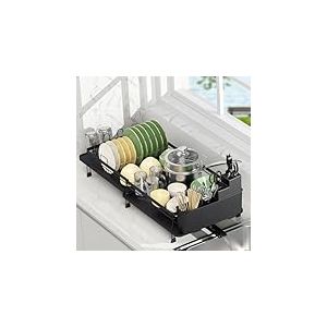 Rottogoon Égouttoir à vaisselle extensible, multifonctionnel et réglable avec bec pivotant et égouttoir à vaisselle antirouille avec porte-couverts et gobelets amovibles pour comptoir de cuisine, noir