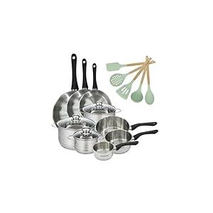 Fackelmann 9203550 Lot 3 Faitouts Inox 16/20/24 cm et 3 Casseroles Inox 12/16/20 cm avec 3 Po&ecirc;les Inox 20/24/28 cm Collection G&eacute;n&eacute;va Sans PFAS avec 5 Ustensiles