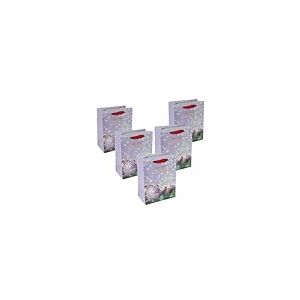 SIGEL GT126 Lot de 5 sacs cadeaux petits - Bleu/vert - Boule de No&euml;l - Avec fond et poign&eacute;es en ruban de soie assorties - En plastique et carton blanc - 18 x 23 x 10 cm