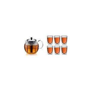 Bodum - 1802-16 - Assam - Théière à Piston en verre - Filtre et Couvercle inox - 1.5 L & 4559-10-12 - Pavina - Coffret de 6 Verres Double Paroi - 36 cl, Transparent, 6 Unité