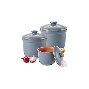 Römertopf Lot de 3 pots fraîcheur en céramique pour ail, oignons et pommes de terre - Argile respirante pour garder les légumes frais plus longtemps - Bleu/gris