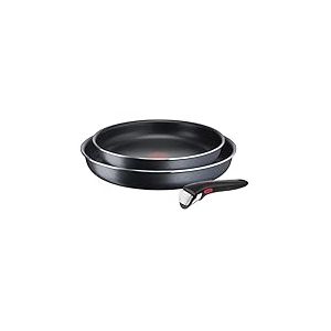 Tefal Ensemble de 3 poêles Ingenio XL Force L15892 | 22/26 cm + 1 poignée amovible | empilable | revêtement antiadhésif | indicateur de température à signal thermique | gris/bleu
