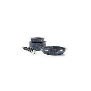 Qulinart by Brandt - Batterie de Cuisine à Induction 4 Pièces - Set de 2 Casseroles 16 et 20 cm Anti-Adhésives, 1 Sauteuse 24 cm et Poignée Amovible - Aluminium - Tout Feu - Gris Marbre
