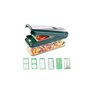 Genius Nicer Dicer Exclusive Coupe-légumes 15 pièces + coupe-tomates Set 4 inserts + râpe grossière et raboteuse + récipient de récupération 2500 ml Vert